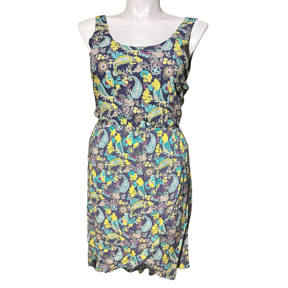 Mudd Paisley Floral Sleeveless Dress Medium Navy Teal Yellow Faux Wrap Rayon